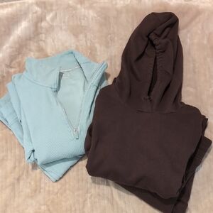 Brown Hoodie Jogger Set and Light Blue Quarter-Zip Pullover Jogger Set